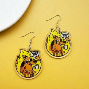 Orange yellow fire This is fine dog meme dangle drop earrings casual cute women